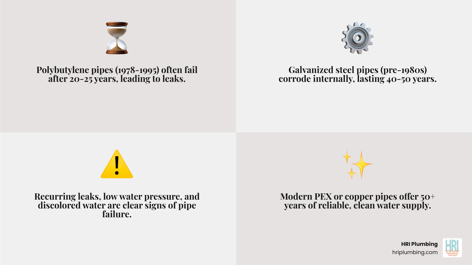 Infographic showing the timeline of common pipe failures: polybutylene pipes fail after 20-25 years, galvanized pipes corrode after 40-50 years, signs include recurring leaks and low pressure, and modern PEX or copper pipes last 50+ years with proper installation - repipe in jacksonville, il infographic 4_facts_emoji_grey Infographic showing the timeline of common pipe failures: polybutylene pipes fail after 20-25 years, galvanized pipes corrode after 40-50 years, signs include recurring leaks and low pressure, and modern PEX or copper pipes last 50+ years with proper installation - repipe in jacksonville, il infographic 4_facts_emoji_grey