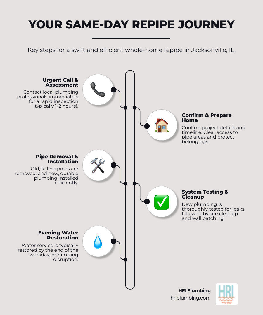 Infographic showing the same-day repipe process: Morning inspection and diagnosis, midday pipe removal and installation, afternoon testing and cleanup, evening water restoration, with timeline markers and key steps for homeowners in Jacksonville, IL - same day repipe in jacksonville, il infographic infographic-line-5-steps-elegant_beige