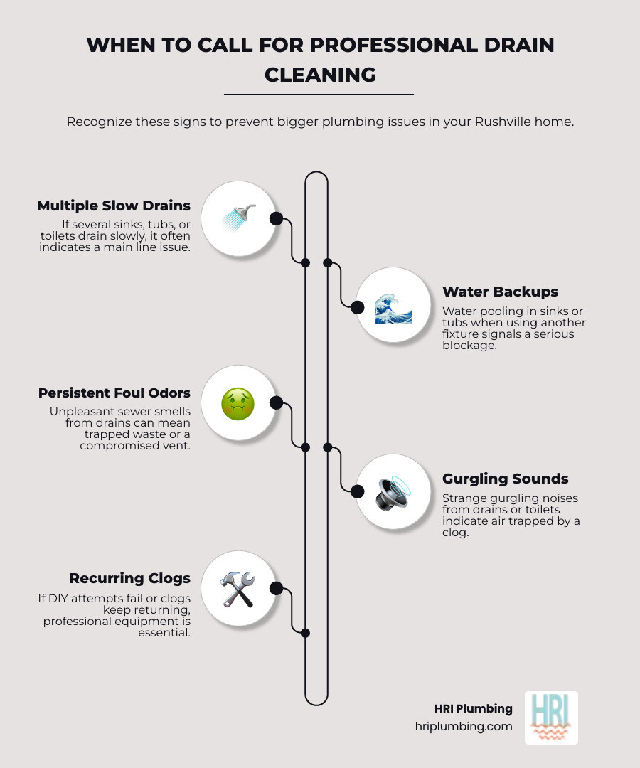 infographic showing when to call for professional drain cleaning: signs include multiple slow drains in your home, water backing up into sinks or tubs, persistent foul odors from drains, gurgling sounds when water drains, and recurring clogs despite DIY attempts - drain cleaning in rushville, il infographic infographic-line-5-steps-elegant_beige