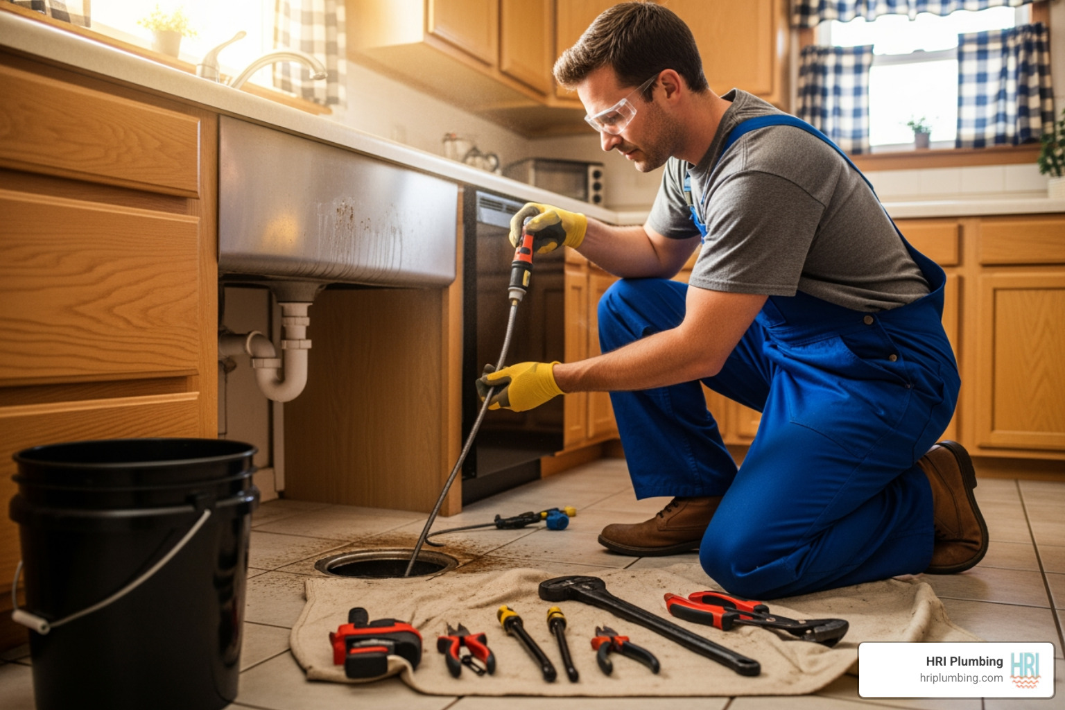 infographic showing the path of a typical household drain clog from kitchen sink through P-trap to branch line to main sewer line, with common blockage points labeled including grease buildup, hair and soap scum accumulation, and root intrusion - best drain cleaning in rushville, il