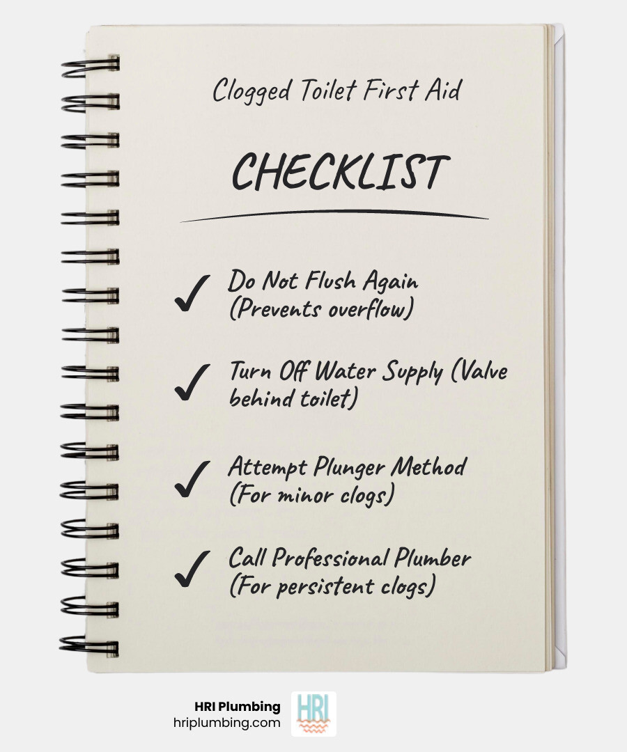 Infographic showing immediate steps for a clogged toilet emergency: Step 1 - Do Not Flush Again (prevents overflow), Step 2 - Turn Off Water Supply (valve behind toilet), Step 3 - Attempt Plunger Method (if minor clog), Step 4 - Call Professional Plumber (for persistent clogs or overflow) - clogged toilet repair in jacksonville, il infographic checklist-notebook