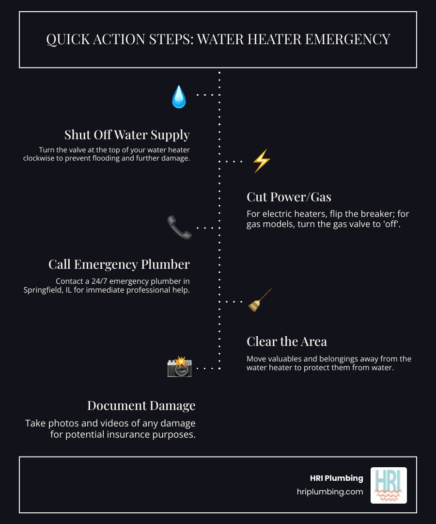 Infographic showing emergency water heater response steps: Step 1 - Identify the emergency (no hot water, major leaks, strange noises, discolored water, gas smell). Step 2 - Shut off water supply at the tank valve. Step 3 - Turn off power source (circuit breaker for electric or gas valve for gas units). Step 4 - Clear the area of valuables and pets. Step 5 - Call a licensed 24/7 emergency plumber in Springfield, IL. Step 6 - Document damage with photos. Visual includes icons for each step with a water heater diagram in the center. - emergency water heater repair in springfield, il infographic infographic-line-5-steps-dark