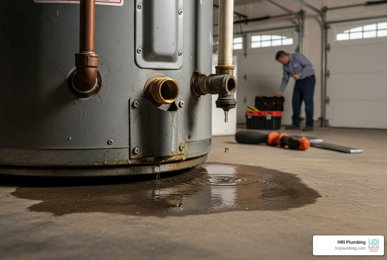 infographic showing common water heater warning signs including inconsistent temperature, strange noises, leaks, discolored water, and decreased pressure with visual indicators for each symptom - best water heater repair in springfield, il