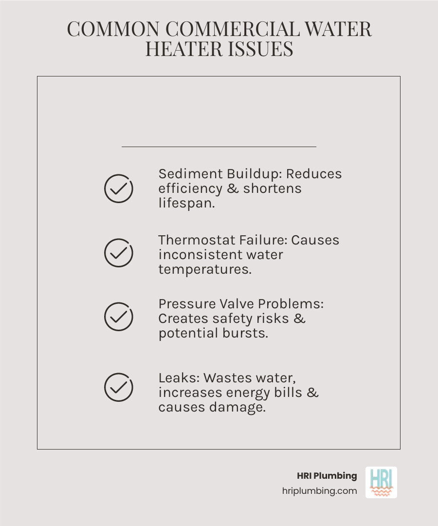 infographic showing commercial water heater problems including sediment buildup at tank bottom, faulty thermostat causing temperature fluctuations, pressure relief valve issues creating safety hazards, and common leak points at connections and tank seams - Find businesses that do commercial water heater repair in the Springfield, IL area." infographic checklist-light-beige