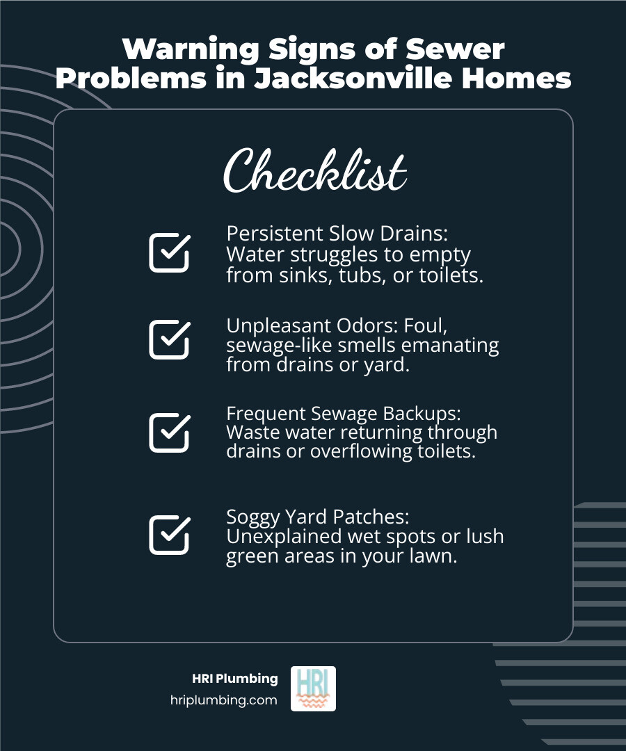 Infographic showing common signs of sewer line issues in Jacksonville IL homes including slow drains, gurgling sounds, foul odors, sewage backups, soggy yard patches, and foundation cracks, with icons representing each symptom - best sewer repair in jacksonville, il infographic checklist-dark-blue