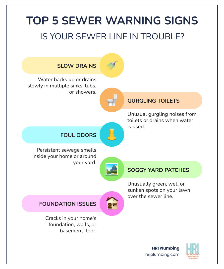 infographic showing the top 5 warning signs of a sewer line issue including slow drains, gurgling sounds, foul odors, soggy yard patches, and foundation cracks with illustrations for each symptom - sewer repair in springfield, il infographic infographic-line-5-steps-colors