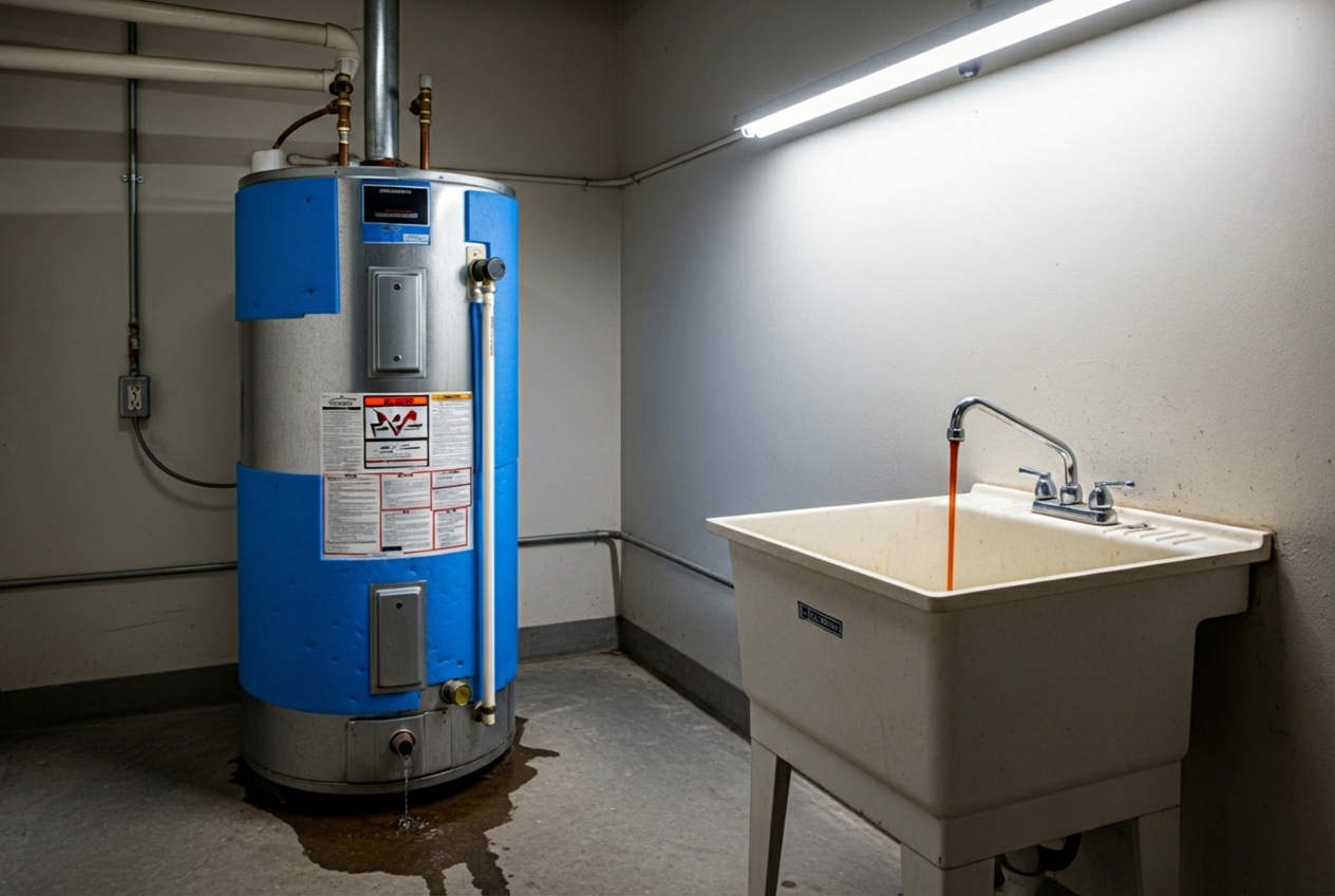 Infographic showing 5 key warning signs of water heater failure: inconsistent temperature, strange noises like banging or popping, rusty or discolored water, visible leaks around the base, and reduced hot water pressure - water heater repair in jacksonville, il