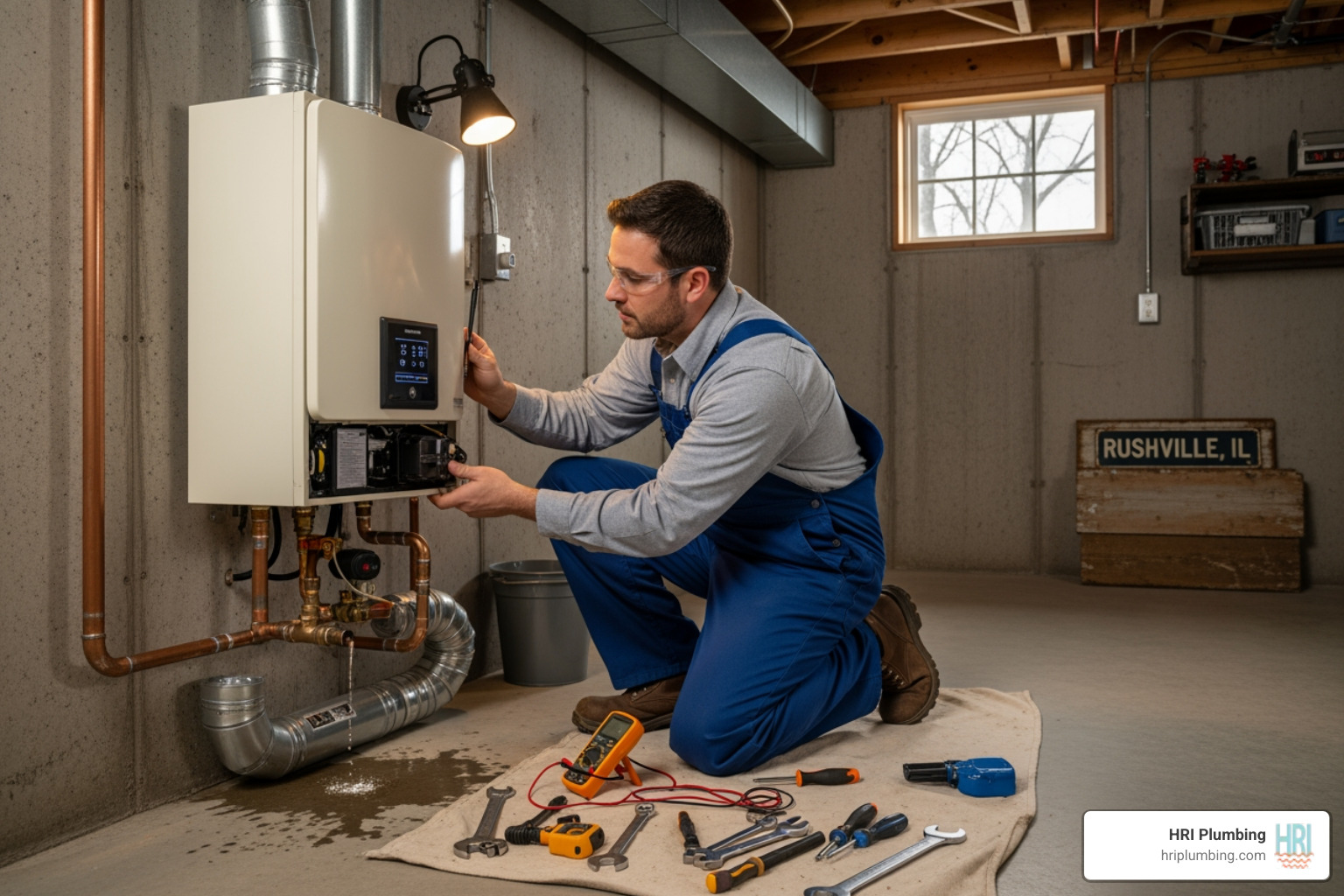Infographic showing the diagnostic process for tankless water heater repair including inspection steps, common failure points like igniters and sensors, descaling process for mineral buildup, and safety checks for combustion and ventilation - tankless water heater repair in rushville, il