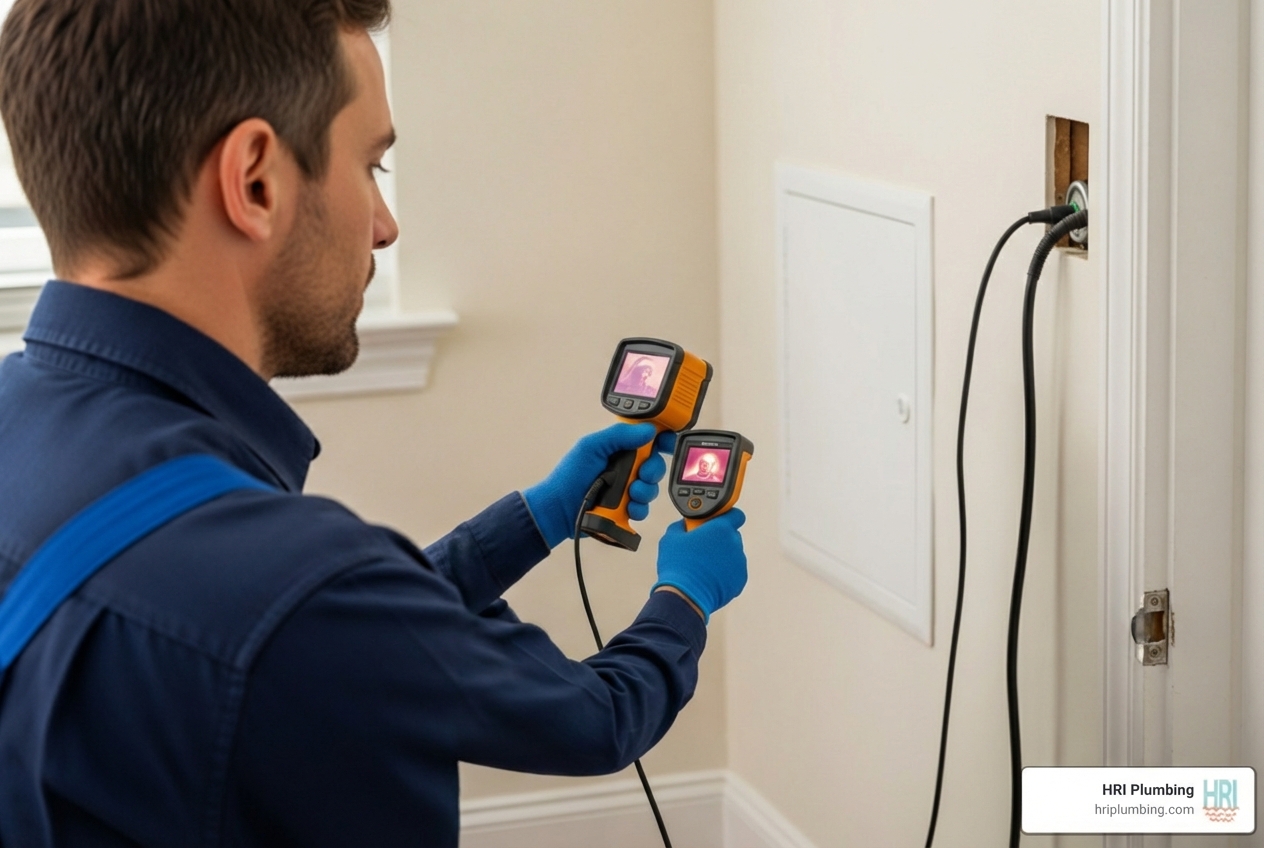 Infographic showing the complete leak detection process from initial assessment through advanced technology methods including infrared thermography acoustic devices and video inspection to final testing and system reinforcement with average water waste statistics - best leak detection services in jacksonville, il