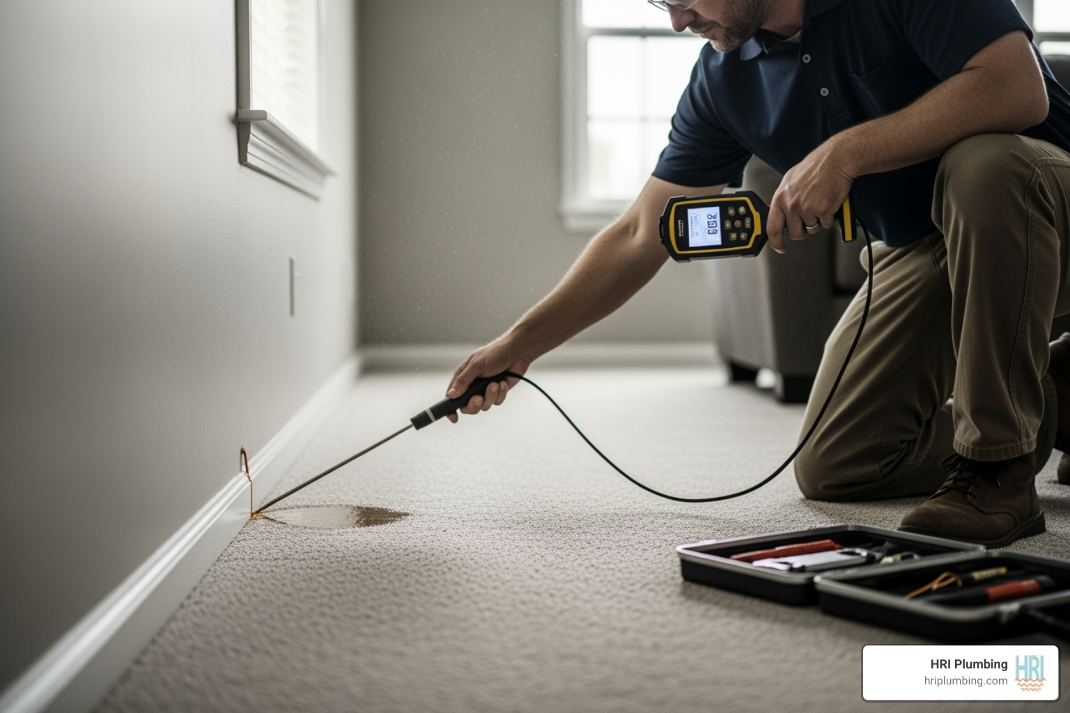 Infographic showing the progression of a hidden water leak: starting with a small drip in a pipe, leading to water staining, then mold growth, structural weakening, and finally a burst pipe with flooding and foundation damage, with cost indicators increasing at each stage - leak detection services in jacksonville, il