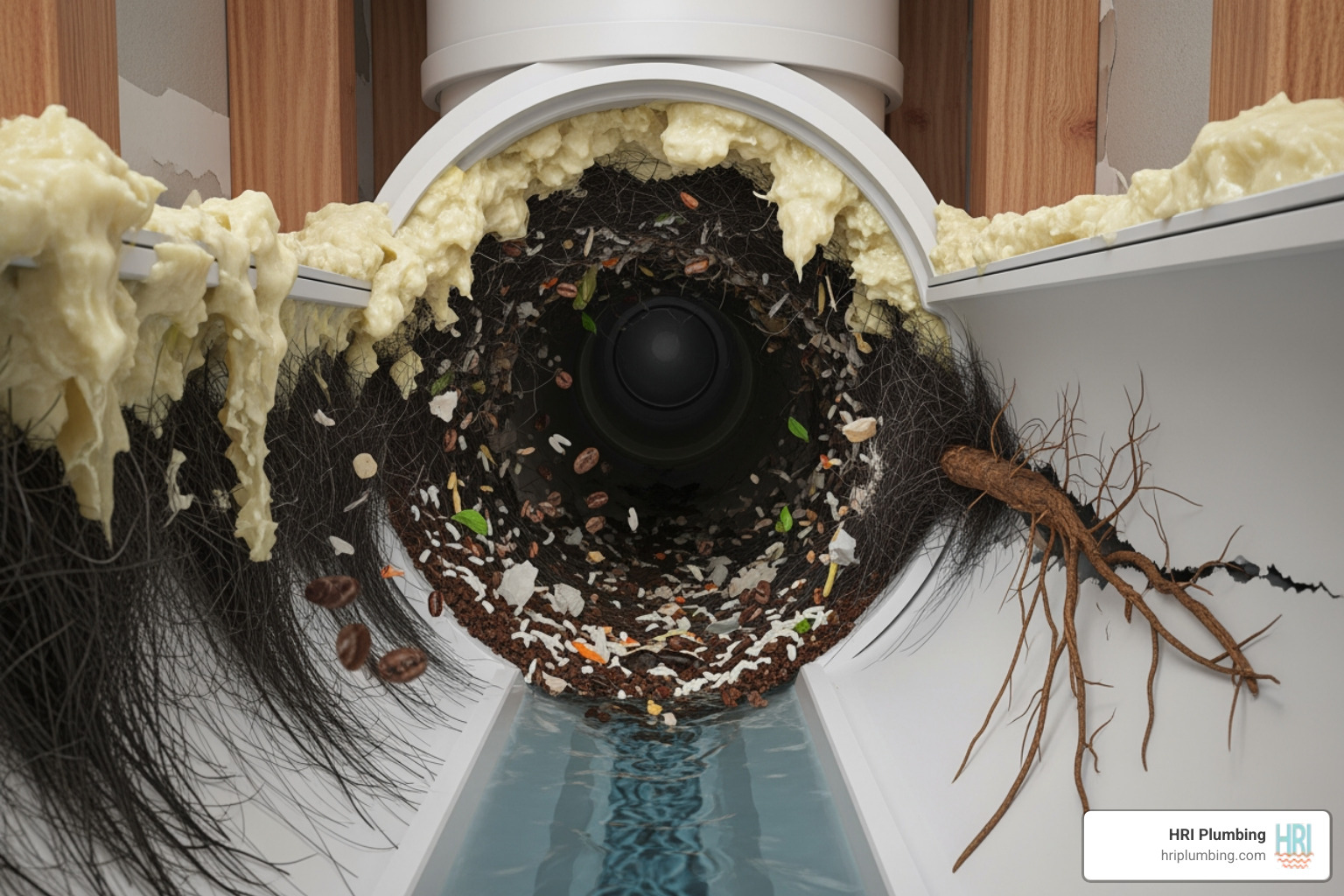 infographic showing common drain clog causes including grease buildup in kitchen pipes, hair and soap scum in bathroom drains, food particles in garbage disposals, and tree roots in sewer lines, with visual percentages of how often each occurs - drain cleaning in jacksonville, il