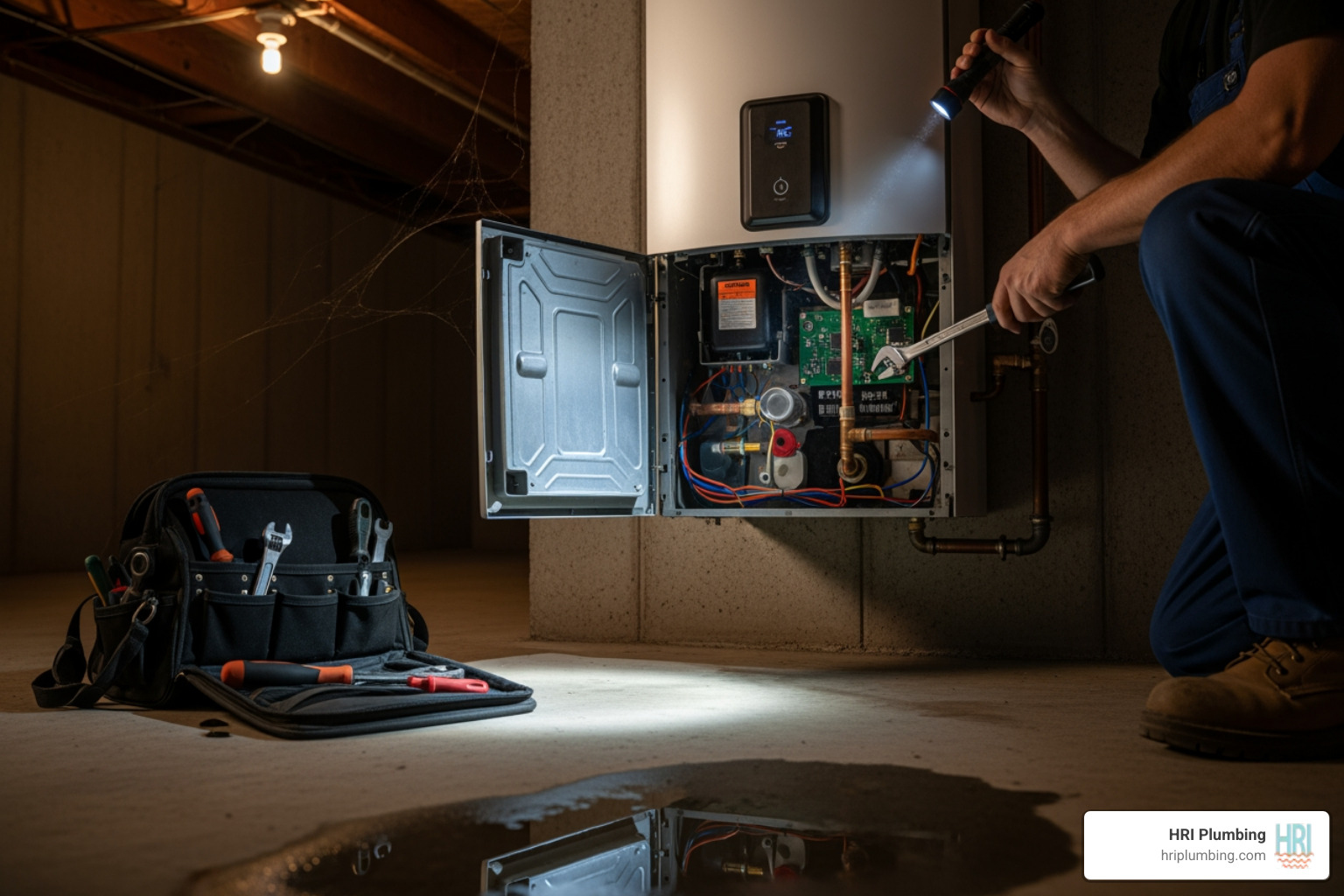 infographic showing three emergency steps: 1) shut off water supply valve near unit, 2) cut power at breaker box or gas valve, 3) call licensed plumber and document error codes - emergency tankless water heater repair in jacksonville, il