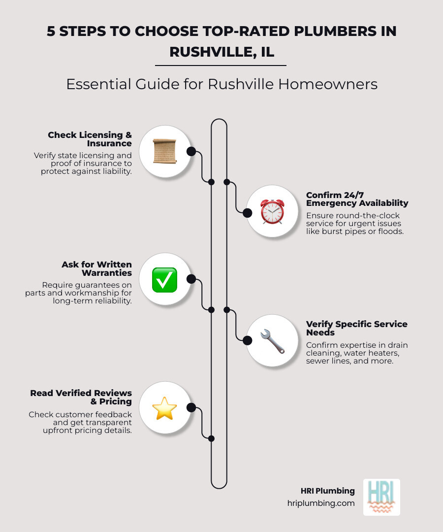 Infographic showing how to choose a top-rated local plumber in Rushville Illinois, with five steps: 1) Check for state licensing and insurance, 2) Look for 24/7 emergency availability, 3) Ask about written workmanship warranties, 4) Confirm they offer the specific service you need such as drain cleaning, water heater repair, or sewer line work, 5) Read verified customer reviews and ask about transparent pricing before work begins - "Top-rated plumbers in Rushville, Illinois." infographic infographic-line-5-steps-elegant_beige