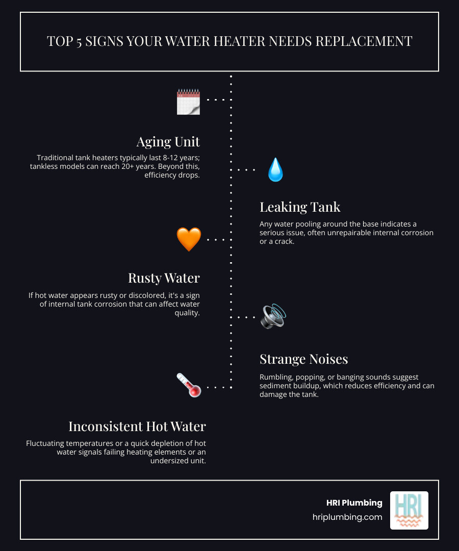 Infographic showing the 5 warning signs your water heater needs replacement: unit age 8-12 years with calendar icon, leaking tank with water droplets, rusty discolored water coming from faucet, strange rumbling or popping noises with sound waves, and inconsistent hot water temperature with fluctuating thermometer - water heater replacement in jacksonville, il infographic infographic-line-5-steps-dark Infographic showing the 5 warning signs your water heater needs replacement: unit age 8-12 years with calendar icon, leaking tank with water droplets, rusty discolored water coming from faucet, strange rumbling or popping noises with sound waves, and inconsistent hot water temperature with fluctuating thermometer - water heater replacement in jacksonville, il infographic infographic-line-5-steps-dark