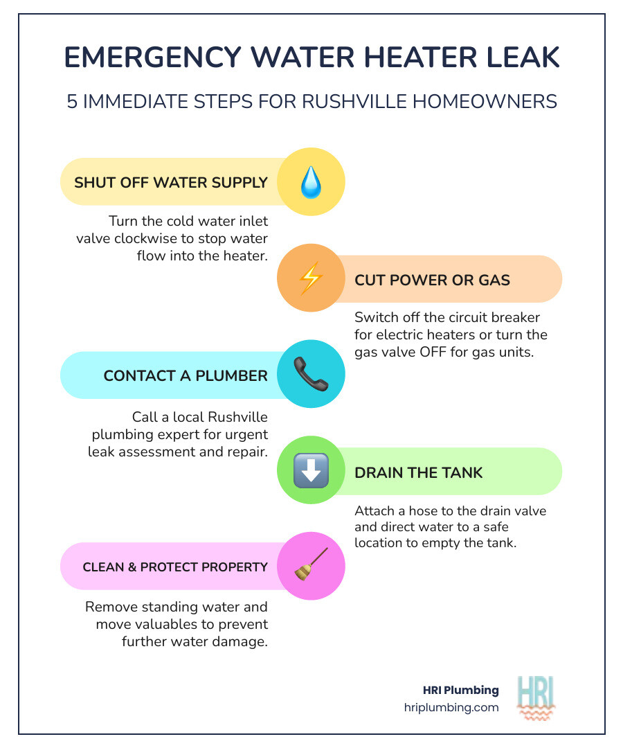 Infographic: 3 Immediate Steps for a Leaking Water Heater: 1. Shut off water supply. 2. Shut off power or gas. 3. Call HRI Plumbing. - emergency water heater leaking in rushville, il infographic infographic-line-5-steps-colors