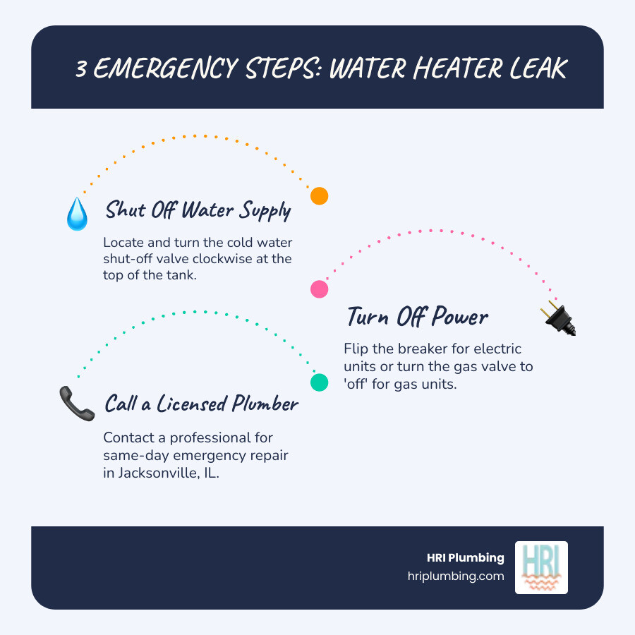 Infographic showing three emergency steps for a leaking water heater: Step 1 - Shut off the cold water supply valve at the top of the tank, Step 2 - Turn off power at the breaker for electric or gas valve for gas units, Step 3 - Call a licensed plumber for same-day emergency repair in Jacksonville, IL - water heater leaking in jacksonville, il infographic infographic-line-3-steps-blues-accent_colors Infographic showing three emergency steps for a leaking water heater: Step 1 - Shut off the cold water supply valve at the top of the tank, Step 2 - Turn off power at the breaker for electric or gas valve for gas units, Step 3 - Call a licensed plumber for same-day emergency repair in Jacksonville, IL - water heater leaking in jacksonville, il infographic infographic-line-3-steps-blues-accent_colors
