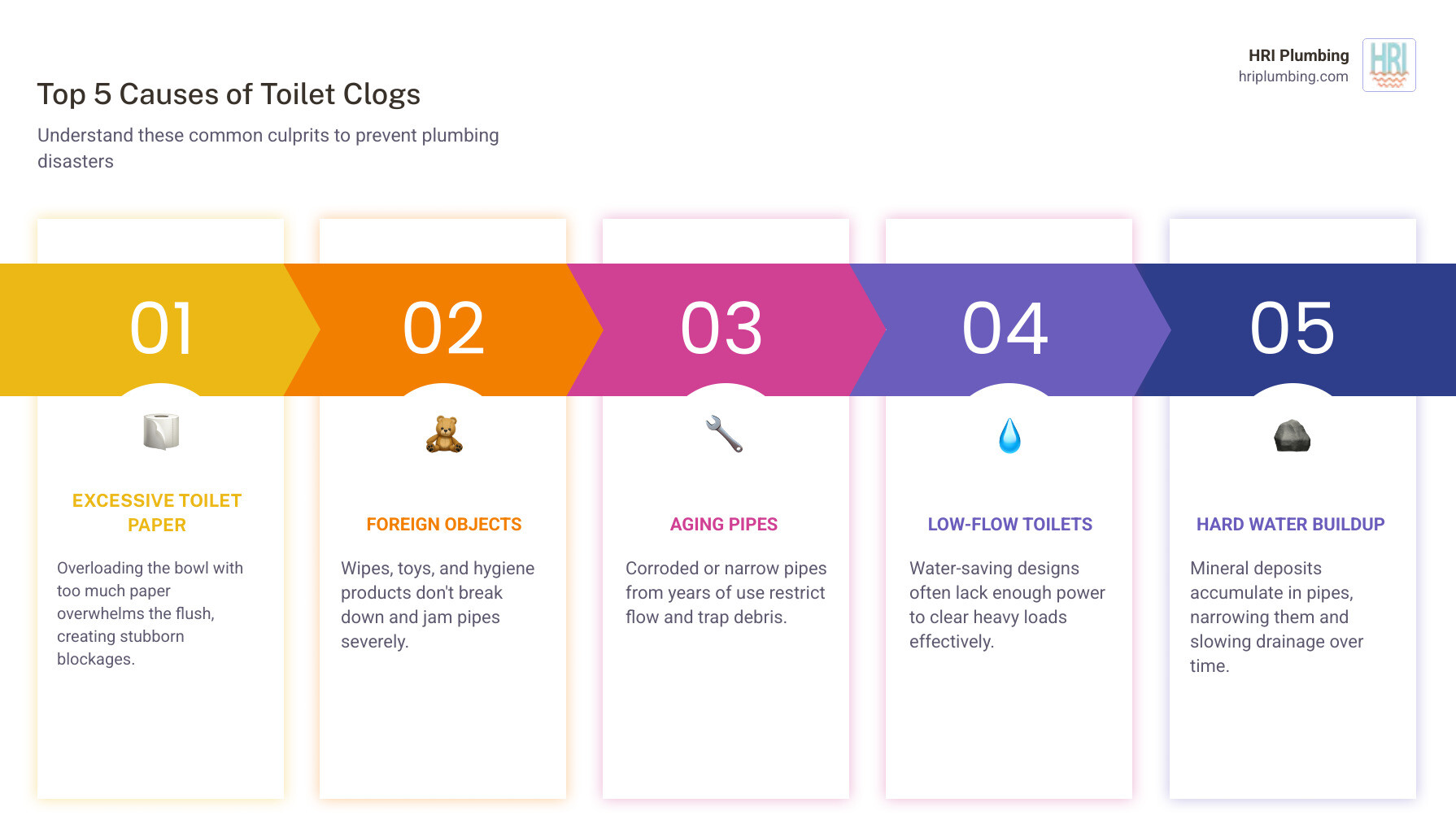 Infographic showing the six most common causes of toilet clogs: excessive toilet paper usage, foreign objects like wipes and toys, aging corroded pipes, inadequate flushing power from low-flow toilets, hard water mineral deposits, and blocked plumbing vents preventing proper drainage - clogged toilet repair in rushville, il infographic pillar-5-steps