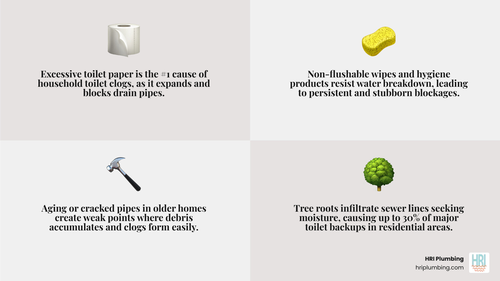 Infographic showing common causes of toilet clogs including excessive toilet paper, non-flushable items like wipes and feminine products, aging or cracked pipes, and tree root intrusion, with visual icons for DIY plunger method versus professional drain snake and hydro jetting solutions - clogged toilet repair in springfield, il infographic 4_facts_emoji_grey