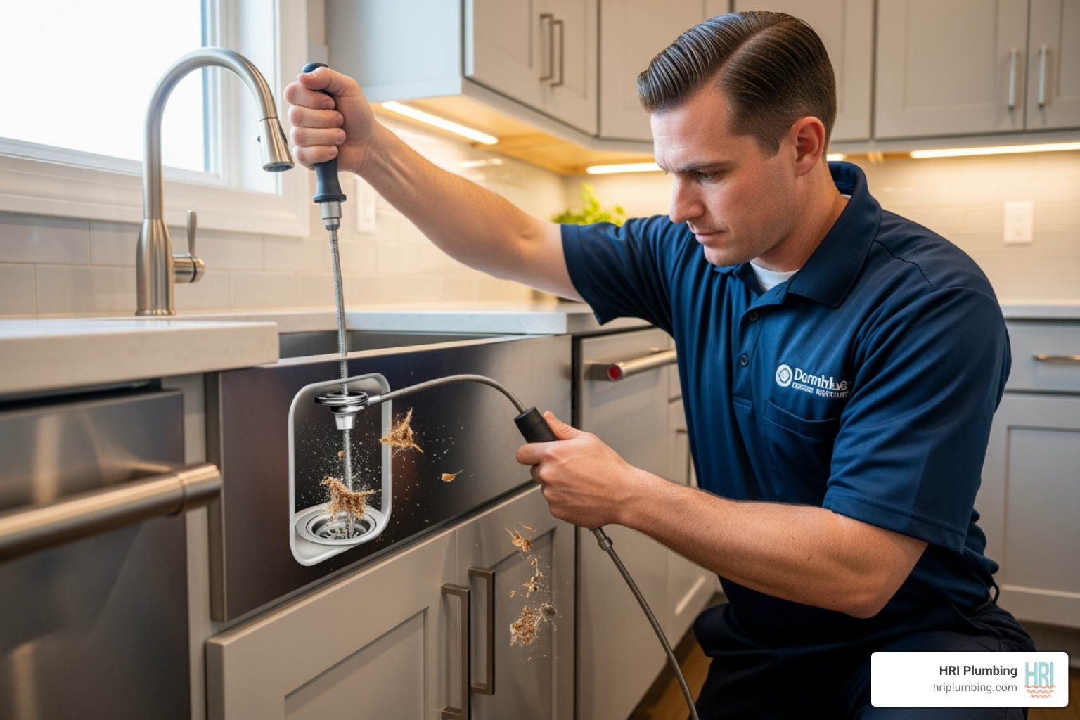 infographic showing step-by-step process of how a drain snake clears clogs from pipes, including insertion of flexible cable, rotation to break up blockage, and removal of debris - drain snaking in springfield, il