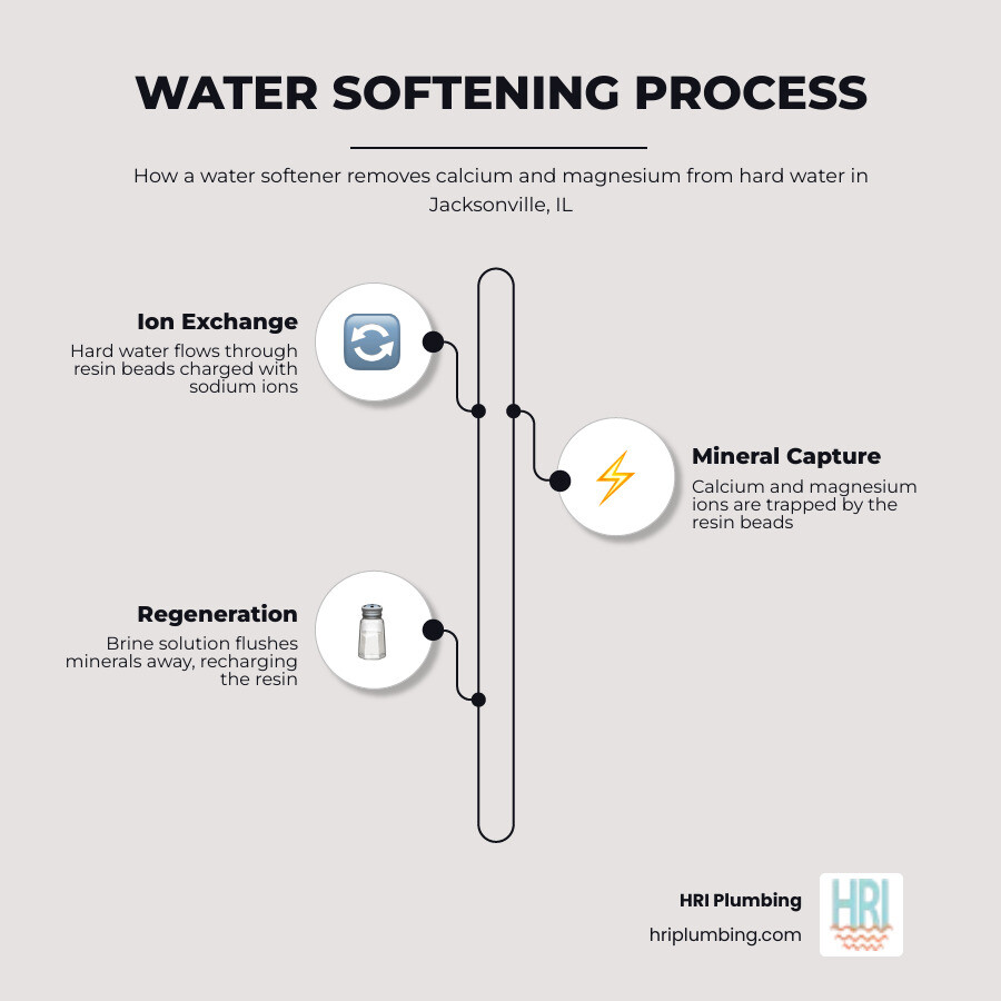Infographic showing the water softening process, common hard water signs, and repair steps for Jacksonville IL homeowners