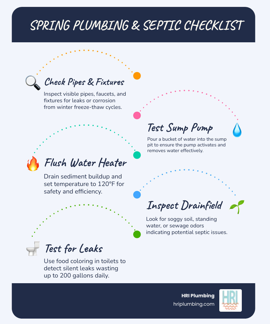 Spring plumbing and septic inspection checklist infographic showing 10 key steps for homeowners - spring plumbing and septic Spring plumbing and septic inspection checklist infographic showing 10 key steps for homeowners - spring plumbing and septic