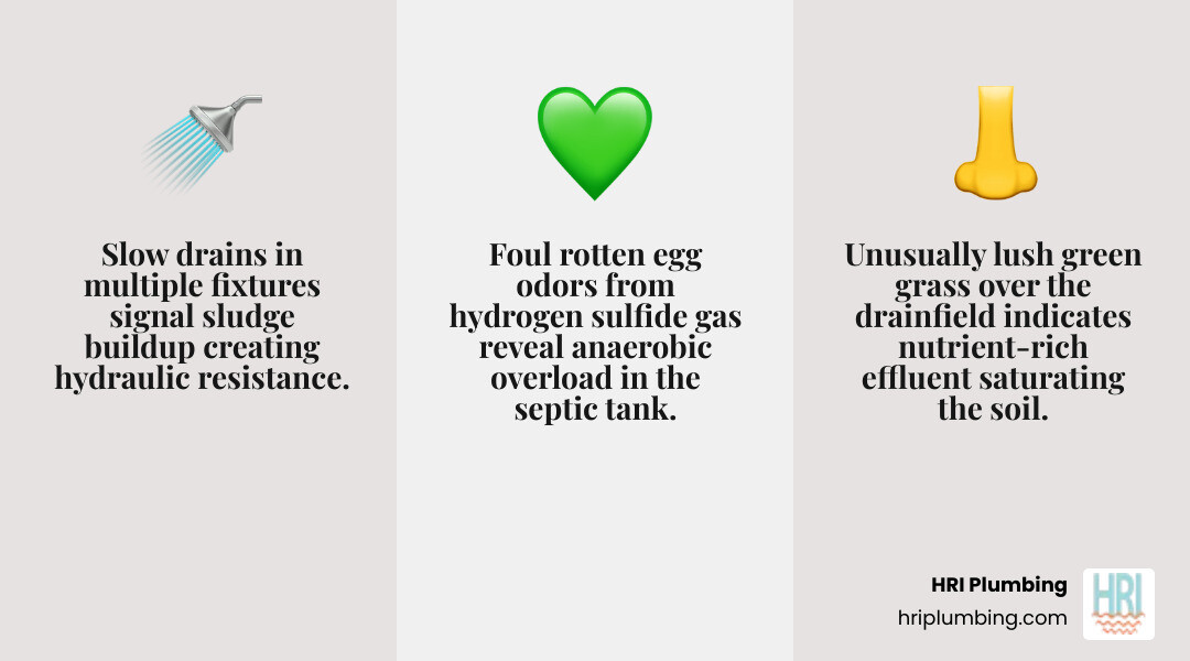 Infographic showing the 7 warning signs of a full septic tank and how a septic system works - signs your septic tank needs