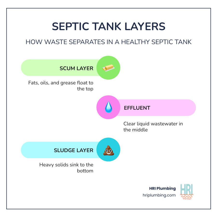infographic showing septic tank layers: scum on top, effluent in middle, sludge on bottom, with drain field - what happens infographic showing septic tank layers: scum on top, effluent in middle, sludge on bottom, with drain field - what happens