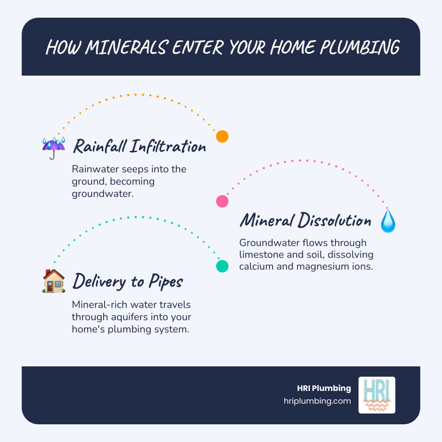 Infographic showing how calcium and magnesium minerals enter home plumbing from groundwater - signs you have hard water in