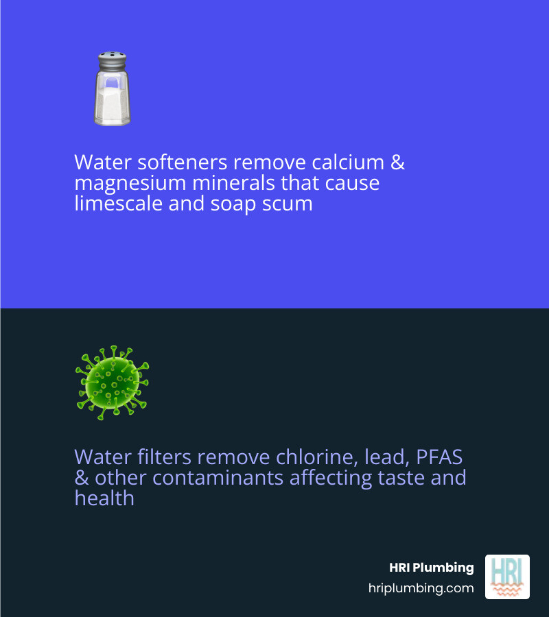 softener removes hardness minerals, filter removes contaminants, both needed for complete home water treatment - water