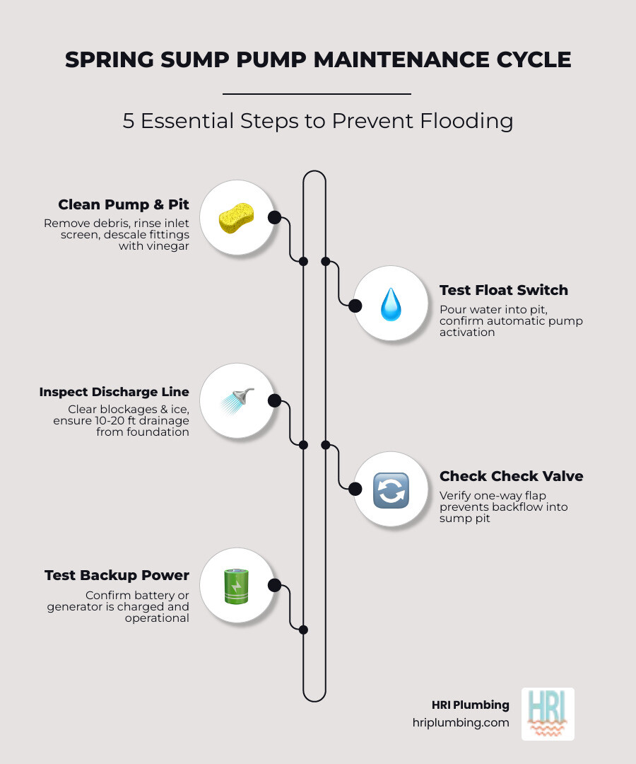 5-step spring sump pump maintenance cycle infographic showing cleaning, testing, discharge inspection, electrical check 5-step spring sump pump maintenance cycle infographic showing cleaning, testing, discharge inspection, electrical check