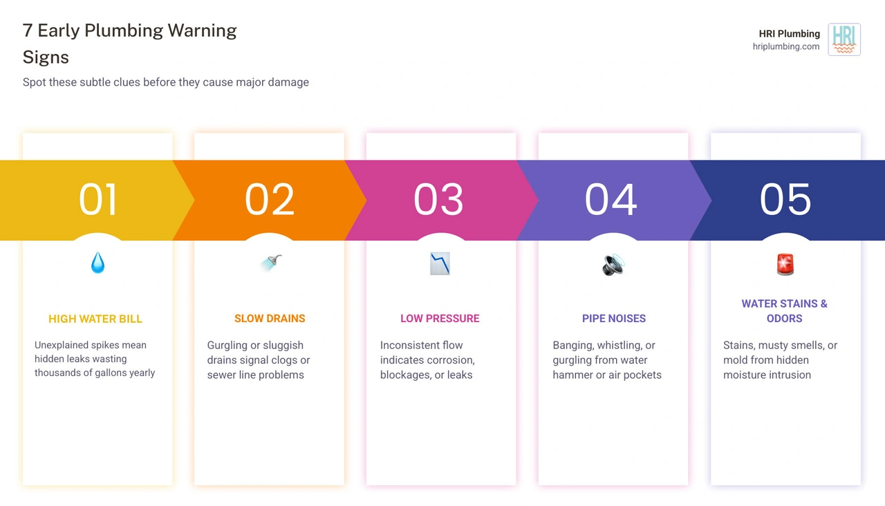Infographic showing 7 early plumbing warning signs with icons: high water bill, slow drains, low pressure, pipe noises Infographic showing 7 early plumbing warning signs with icons: high water bill, slow drains, low pressure, pipe noises