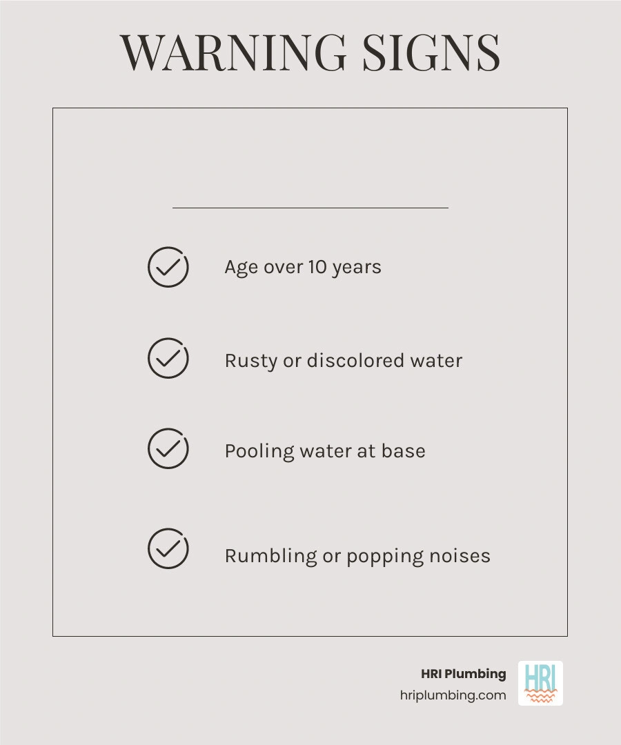 Infographic showing water heater lifespan, warning signs, and replacement decision guide infographic Infographic showing water heater lifespan, warning signs, and replacement decision guide infographic