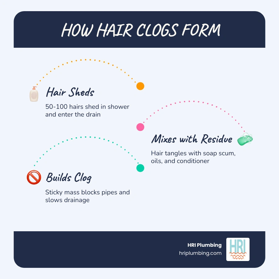 How hair, soap scum, and body oils combine to form shower drain clogs step by step infographic