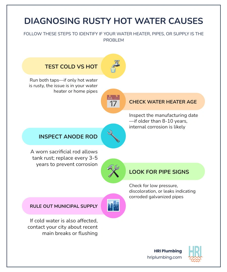 Infographic showing 5 causes of rusty hot water and how to diagnose each one infographic Infographic showing 5 causes of rusty hot water and how to diagnose each one infographic