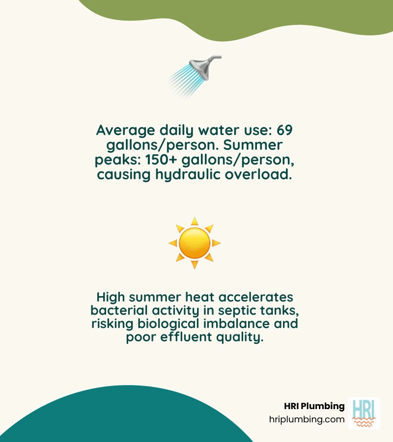 Infographic showing how summer activities like laundry, guests, pools, and storms overload septic tank layers and drain