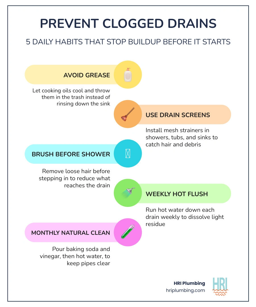 Infographic showing 5 common causes of household drain clogs and how to prevent each one infographic