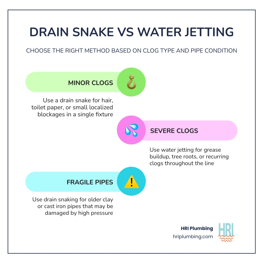 Drain snake vs water jetting comparison infographic: when to use each method infographic