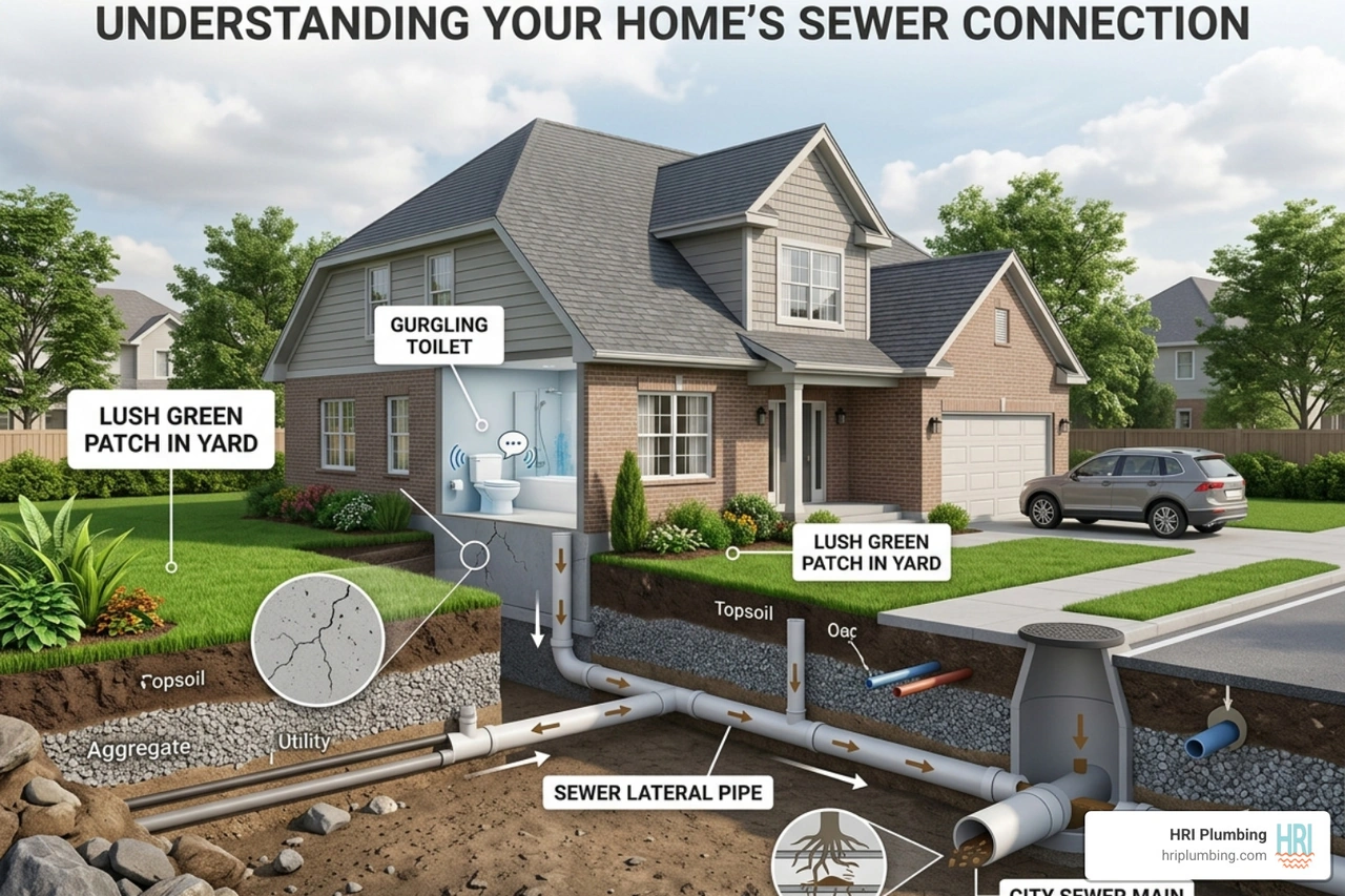 infographic showing common sewer line warning signs from home to street with descriptions - signs you have a sewer line
