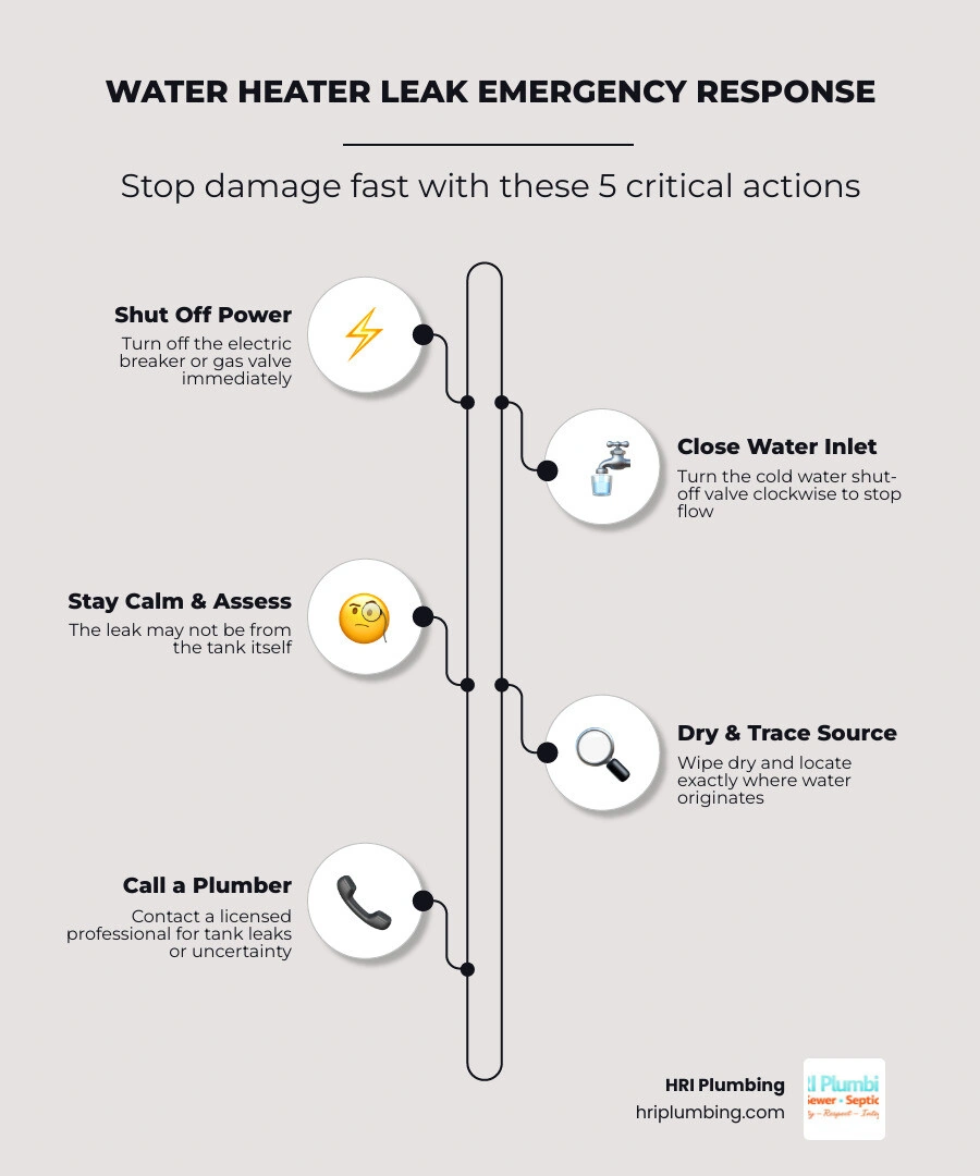 5-step emergency response infographic for a water heater leaking from the bottom infographic