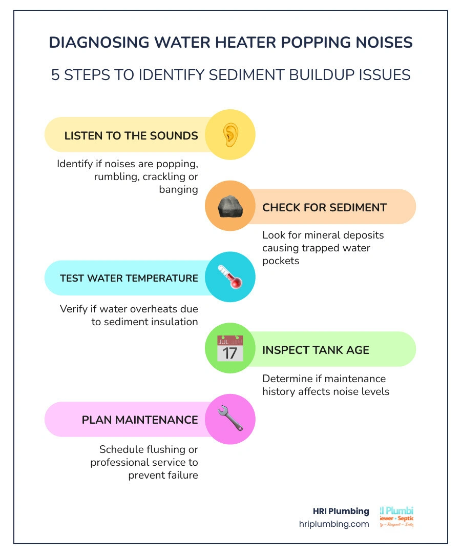 Infographic showing causes of water heater popping and rumbling noises with sediment buildup, steam bubbles, and prevention