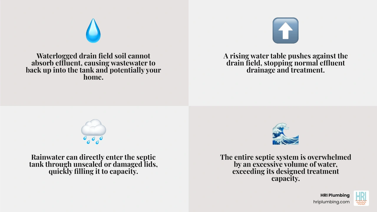 Infographic showing how heavy rain affects septic system components including drain field saturation, groundwater rise, and Infographic showing how heavy rain affects septic system components including drain field saturation, groundwater rise, and