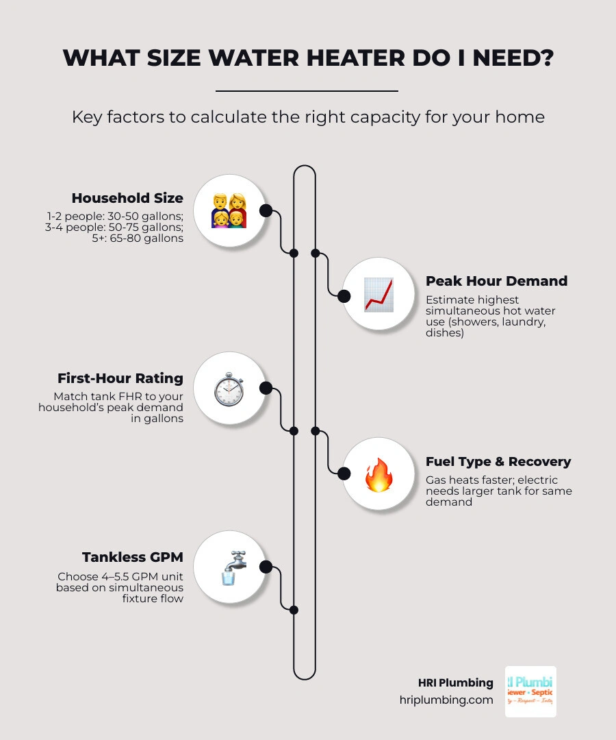 infographic showing water heater sizing factors including household size, fuel type, GPM, FHR, and climate zone infographic infographic showing water heater sizing factors including household size, fuel type, GPM, FHR, and climate zone infographic