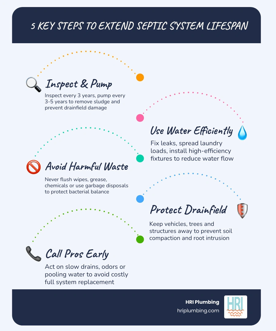 Infographic showing 5 key steps to extend septic system lifespan: pump regularly, conserve water, avoid harmful waste