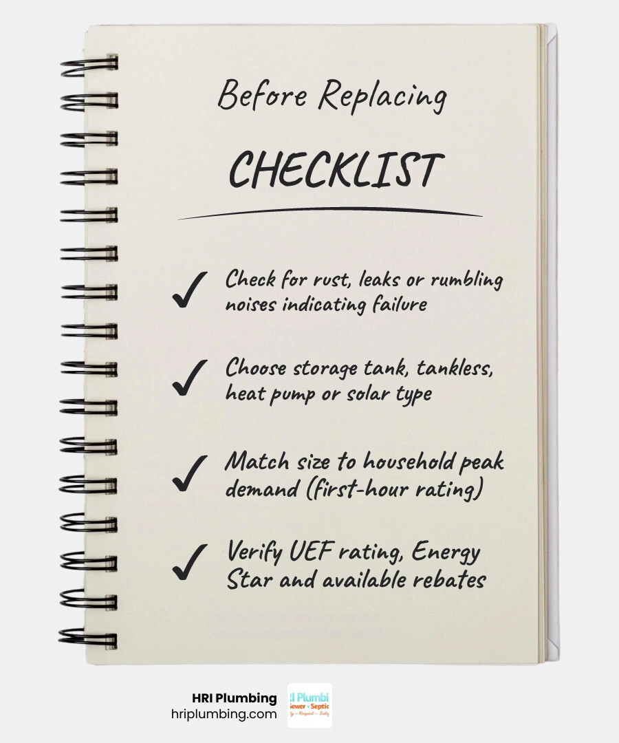 Infographic showing 9 key factors to consider before replacing a water heater with icons for type, fuel, size, efficiency