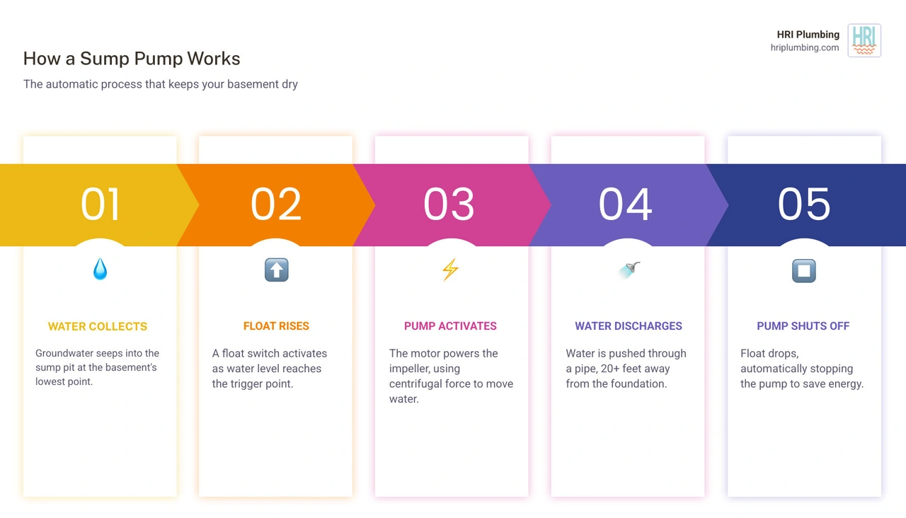 Infographic showing sump pump water collection and removal process step by step infographic