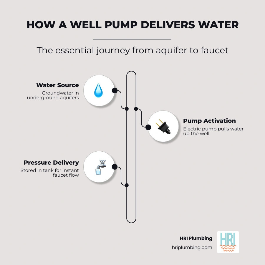 Infographic showing the journey of water from underground aquifer through well pump, check valve, pressure tank, and