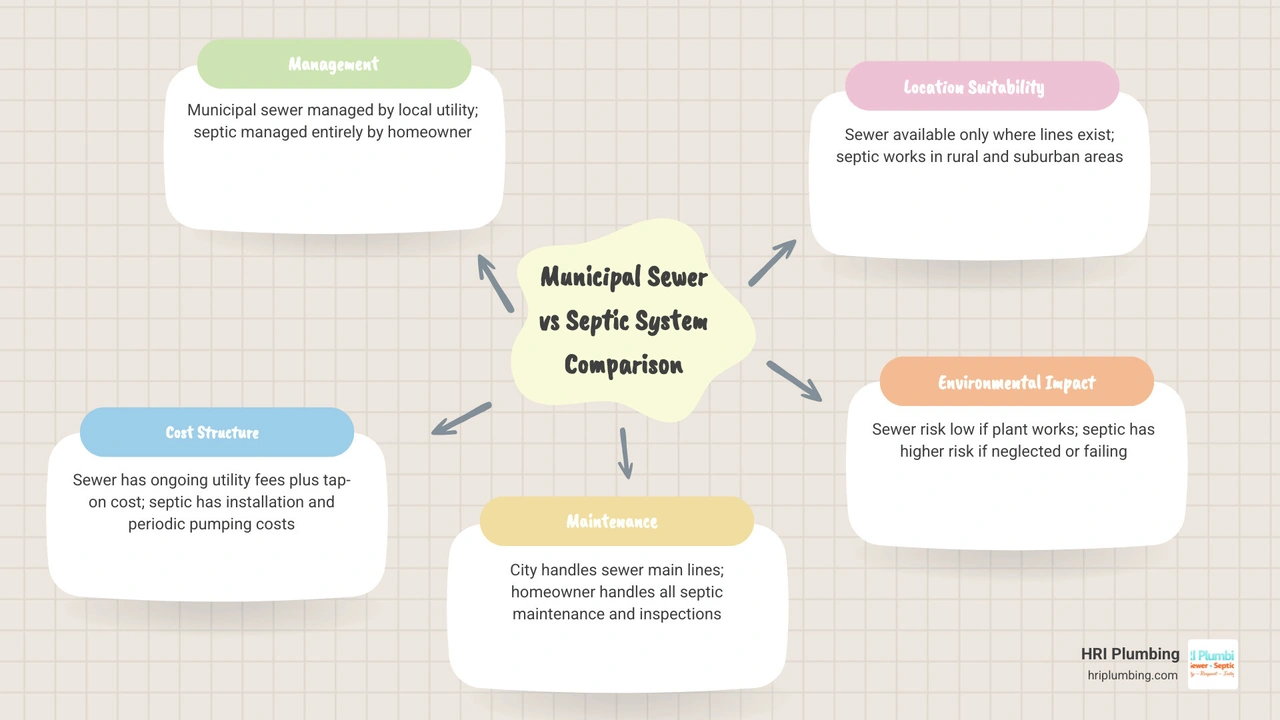 Infographic comparing municipal sewer vs septic system: cost, maintenance, property value, and environmental impact Infographic comparing municipal sewer vs septic system: cost, maintenance, property value, and environmental impact