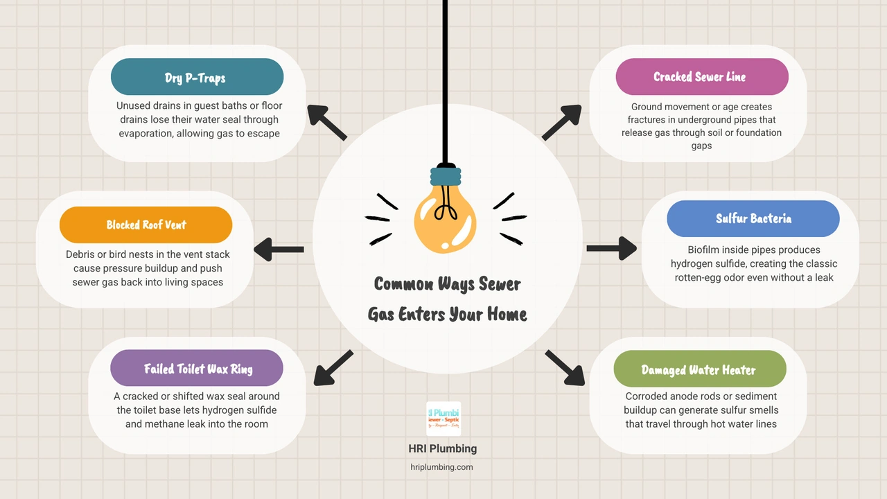 Infographic showing 6 ways sewer gas enters a home including dry P-traps, cracked pipes, and blocked vents infographic Infographic showing 6 ways sewer gas enters a home including dry P-traps, cracked pipes, and blocked vents infographic
