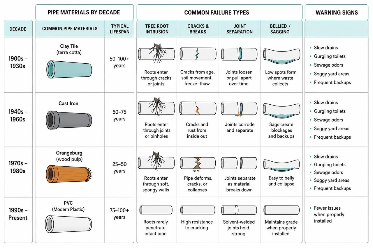Infographic showing sewer line deterioration in older homes: pipe materials, common failure types, and warning signs by Infographic showing sewer line deterioration in older homes: pipe materials, common failure types, and warning signs by