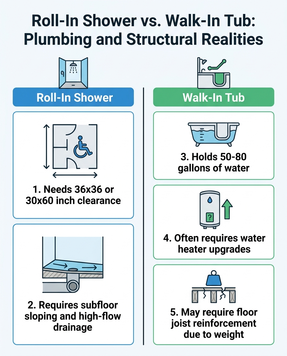 Roll-In Shower vs. Walk-In Tub: Plumbing and Structural Realities